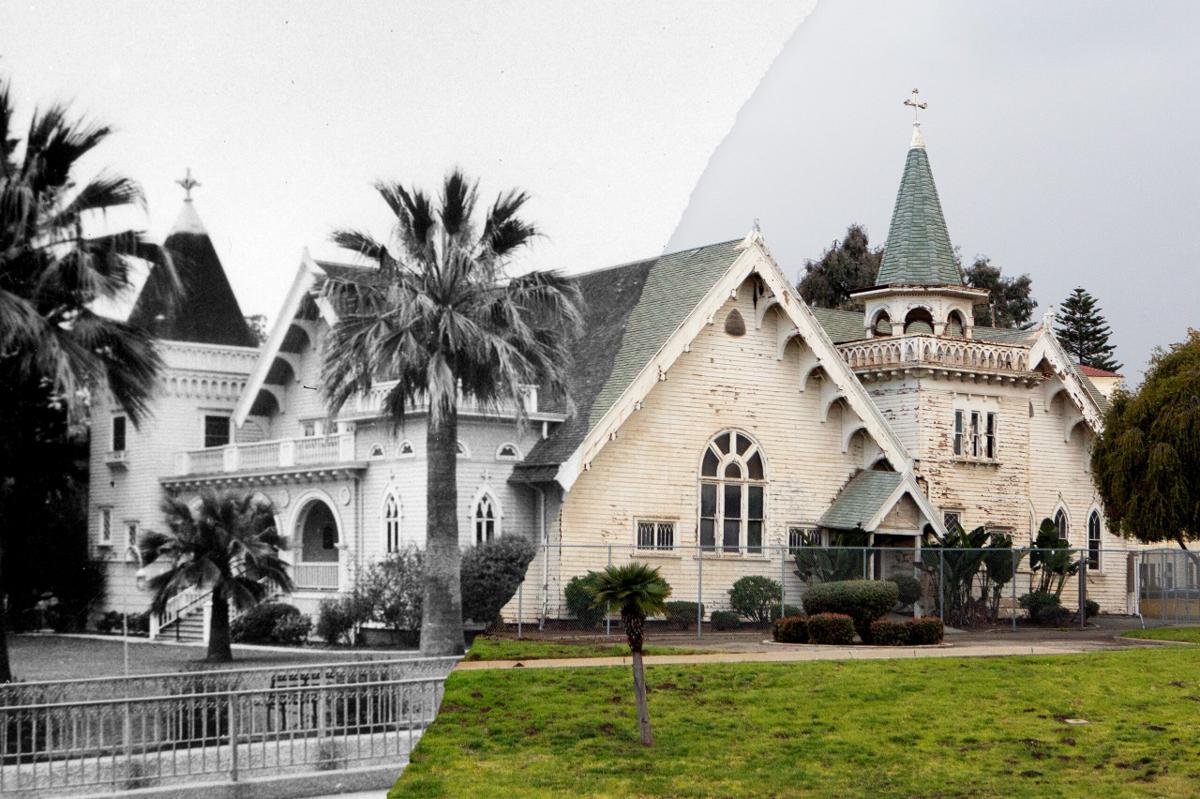 A photo illustration shows two images of the same chapel on the VA campus, in 1941 and in 2023.