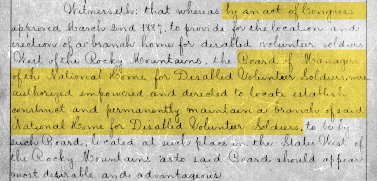 An excerpt of the original land deed for the National Home for Disabled Volunteer Soldiers, highlighted for emphasis by Long Lead.