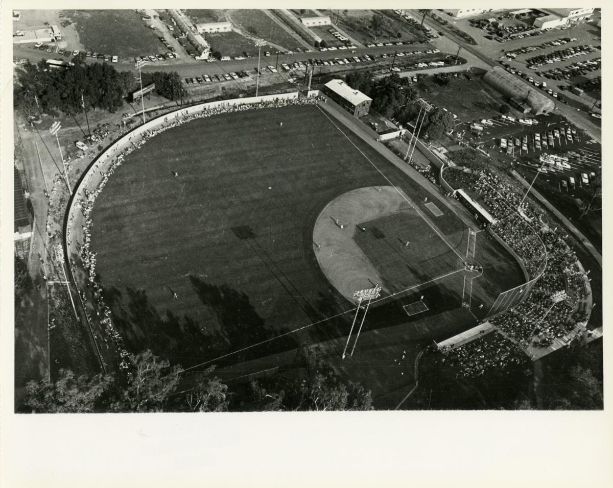 Aerial photo of the Jackie Robinson Baseball Stadium on its dedication day Feb. 7, 1981.
