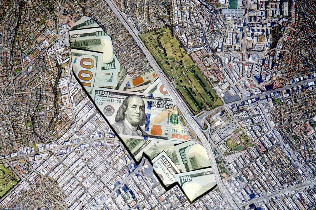 A photo illustration showcasing the West Los Angeles Veterans Administration filled with cash.