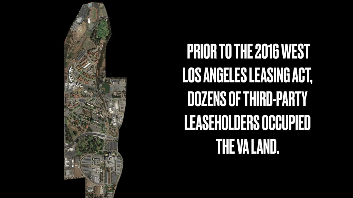 An aerial image of the West LA VA from May 2015. The accompanying text reads “Prior to the 2016 West Los Angeles Leasing Act, dozens of third-party leaseholders occupied the VA Land.”