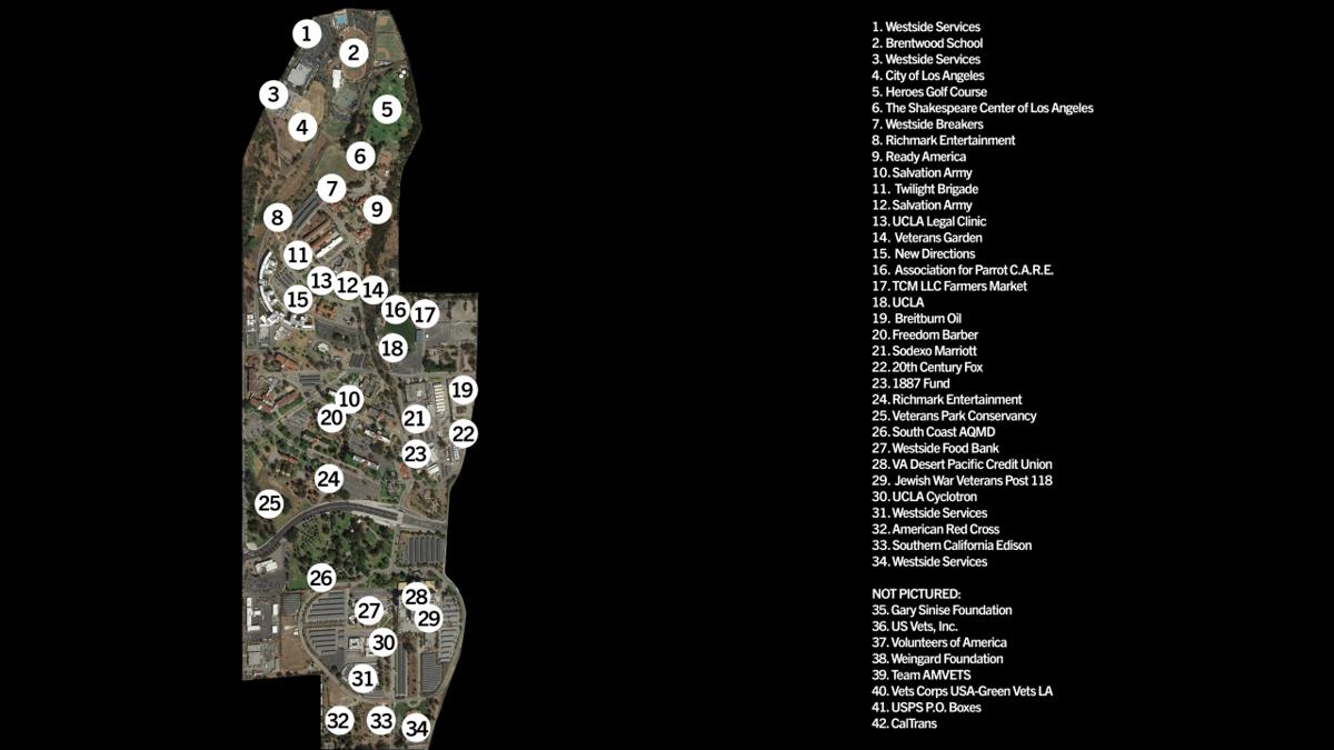 An aerial image of the West LA VA from May 2015. The accompanying text reads “Prior to the 2016 West Los Angeles Leasing Act, dozens of third-party leaseholders occupied the VA Land.”