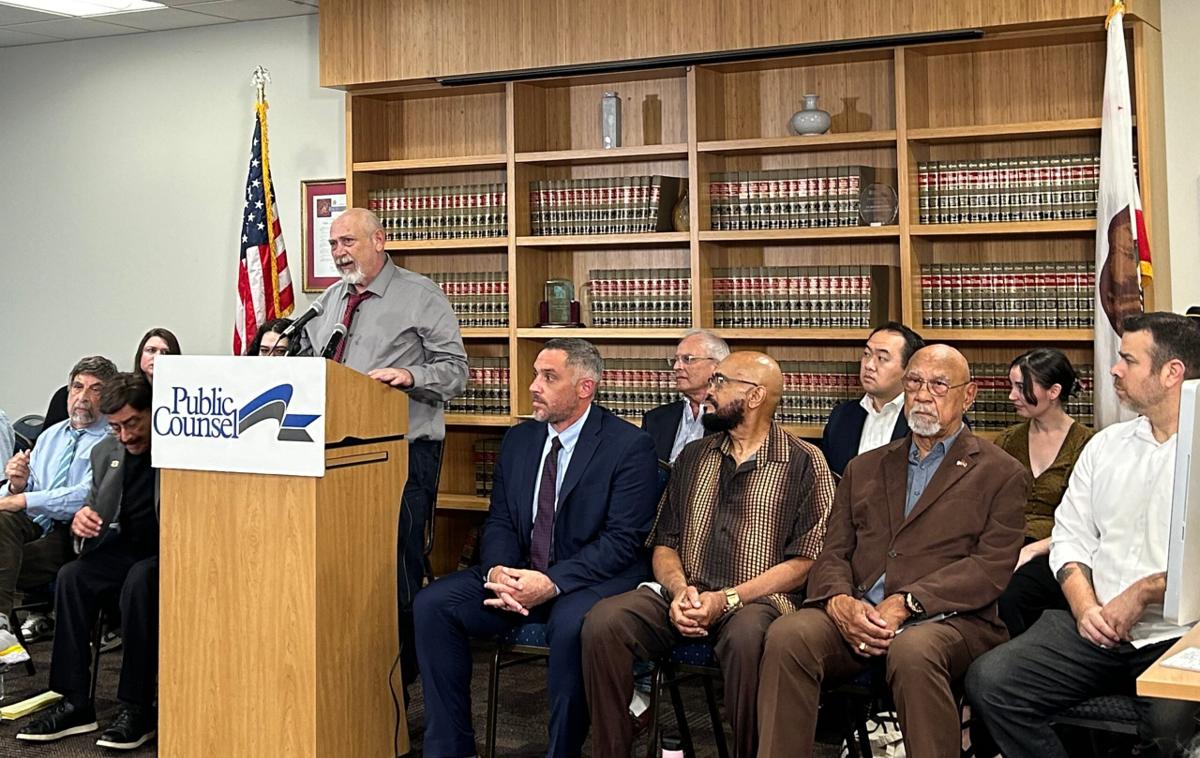 Named plaintiff Jeffrey Powers addresses a press conference at the Public Counsel offices, Friday, Sept. 6, 2024, in Los Angeles, Calif.